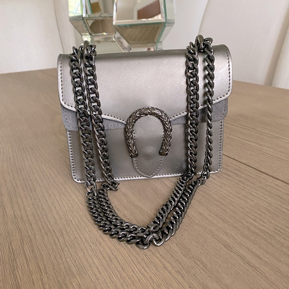 Gray Metallic Shoulder Bag with Decorative Embellishment